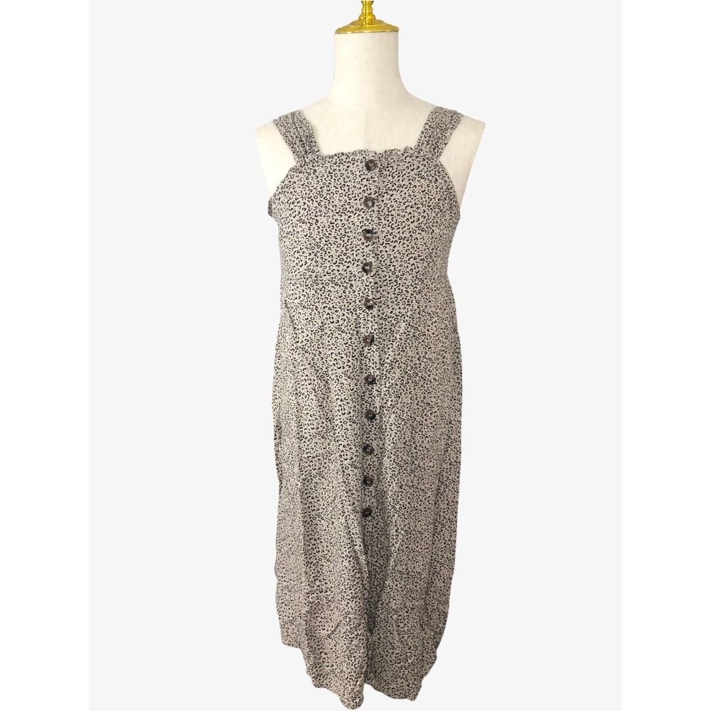 Japna Dress Large Cheetah Animal Print Mid Calf Shirred Waistband Buttons